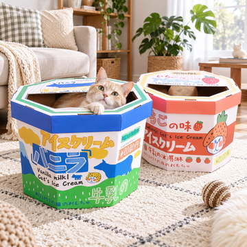 Misspet Ice-cream Box Cat Scratcher - Vanilla blue and Strawberry pink variants with cat in living room