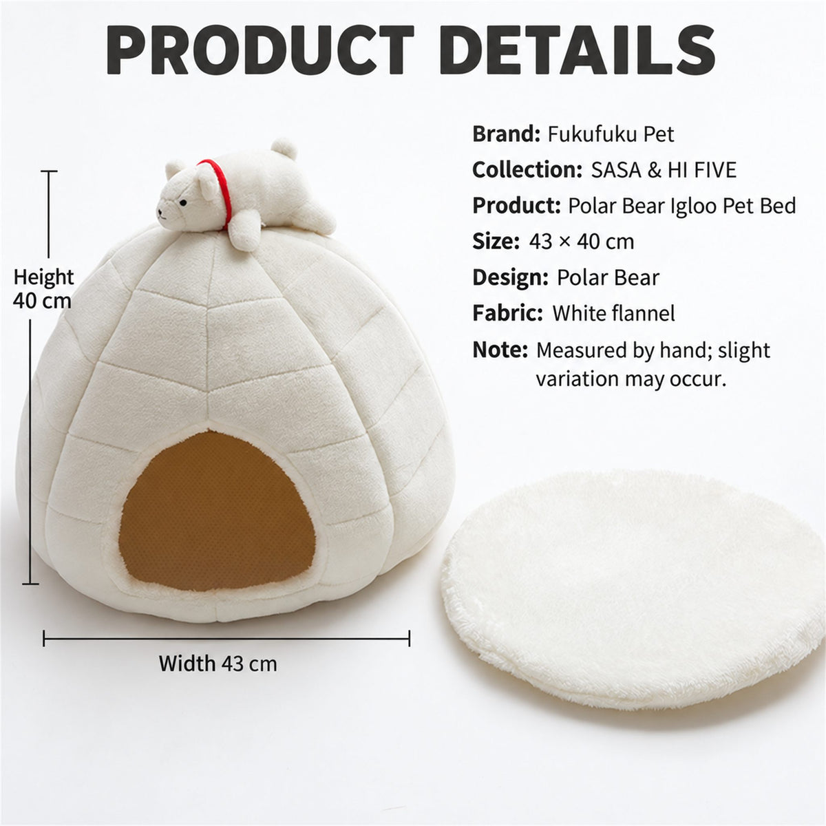 White polar bear igloo cat bed dimensions 43 by 40 cm and white flannel