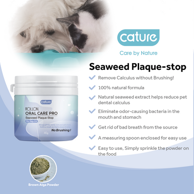Cature Seaweed Plaque-Stop oral-care powder and measuring spoon graphic