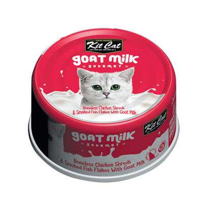 Kit Cat Goat Milk Boneless Chicken Shreds and Smoked Fish Flakes 70g can