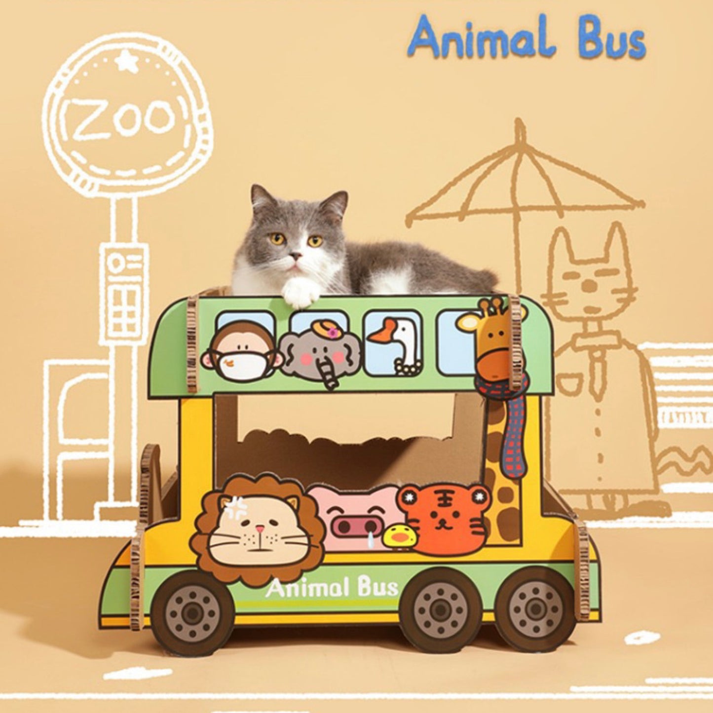 Tinypet Double-Decker Animal Bus Cat Scratcher | Corrugated Paper Cat Toy