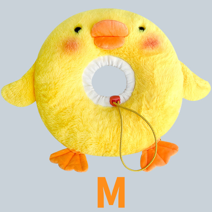 Duck plush pet recovery collar worn by a pet
