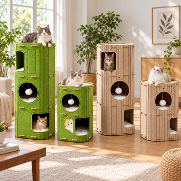 Hero | Multi-Functional Felt Cat Tower / Cat Barrel | multi-SKU lifestyle scene main image | four variants