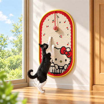 Cat using a wall-mounted Hello Kitty sisal cat scratching mat in a home interior