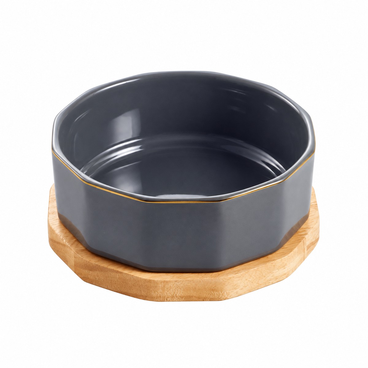 Elegant Ceramic Pet Bowl with Oak Base | clean white SKU packshot | Slate Gray | VARIANT_MEDIA_CORRECTION