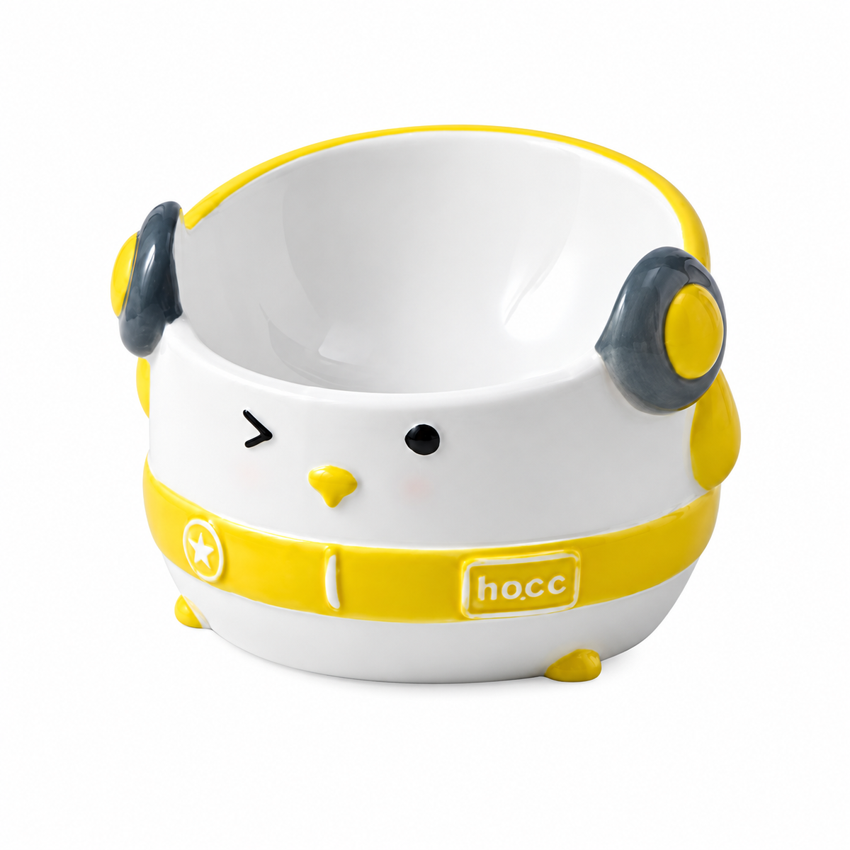 Hip-Hop Penguin Ceramic Pet Bowl | clean white SKU packshot | Yellow | VARIANT_MEDIA_CORRECTION