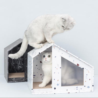Furrytail Little House cat scratcher with cat on roof