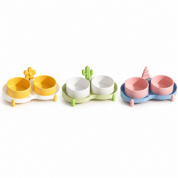 Multi-color anti-spill pet bowl set with two bowls for food and water