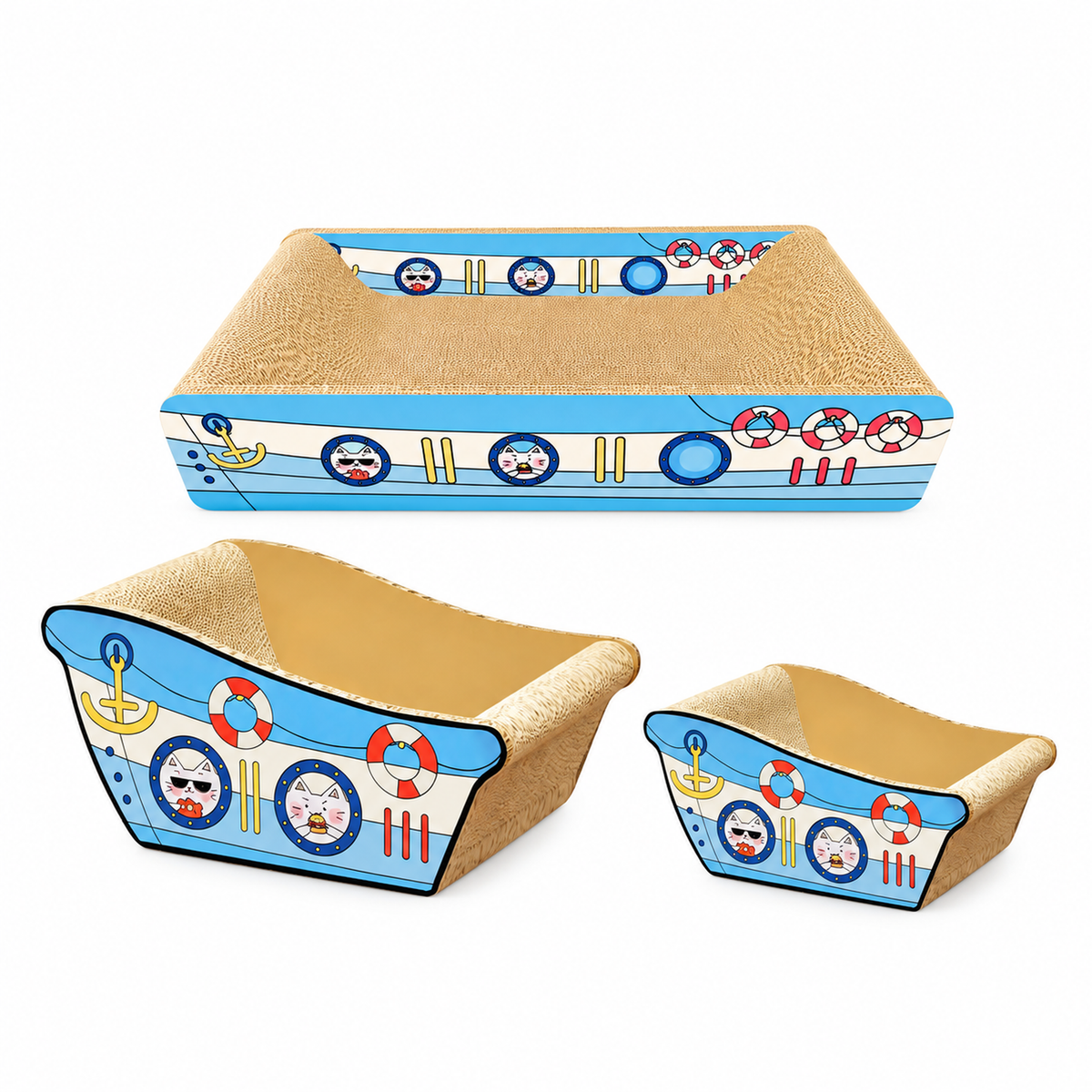 Deku ship cat bed set with sofa, large and small cat beds on a white background [Gallery: White]