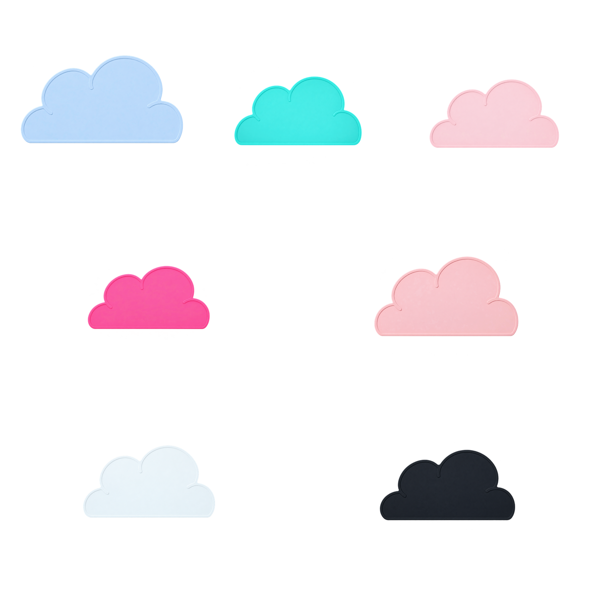 Seven-colour cloud silicone pet bowl mat set on a white background