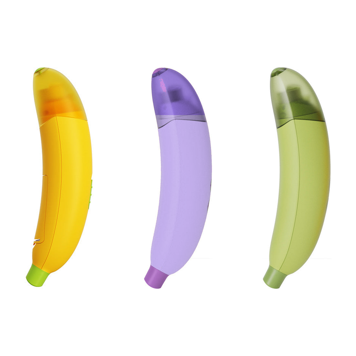 Banana LED Pet Nail Grinder in yellow, purple, and green on a white background