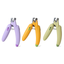 Banana pet nail clipper in lavender, tangerine orange, and grass green on a white background