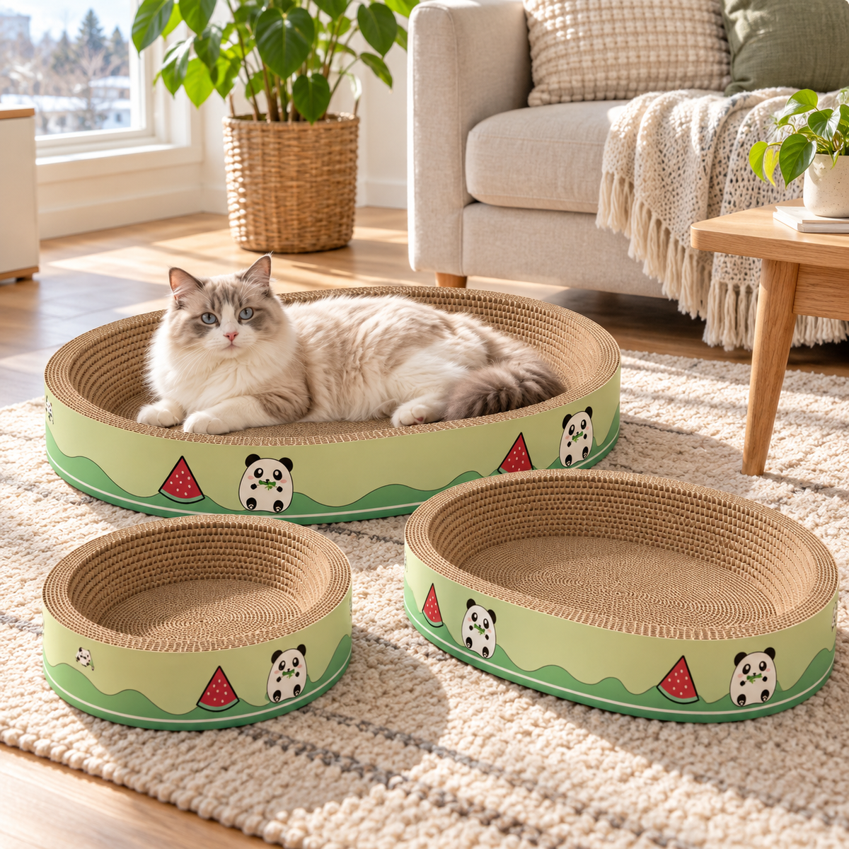 Scene | Oval Shape Cat Scratching Cardboard - Cat Scratch Pad Corrugated Lounge | Cardboard Bowl Nest Cat Scratcher | Cat Pad Board Scratcher | Cat Scratcher | cat using the product in a natural home setting