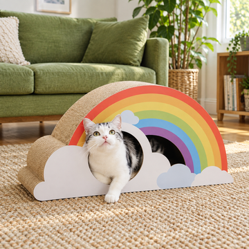 Scene | Rainbow Cat Scratcher Cardboard 2-in-1 Multifunctional Cat Scratcher Lounge Bed Cat Scratching Pad for Indoor Cats as Furniture Protector Cat Training Toy | cat using the product in a natural home setting