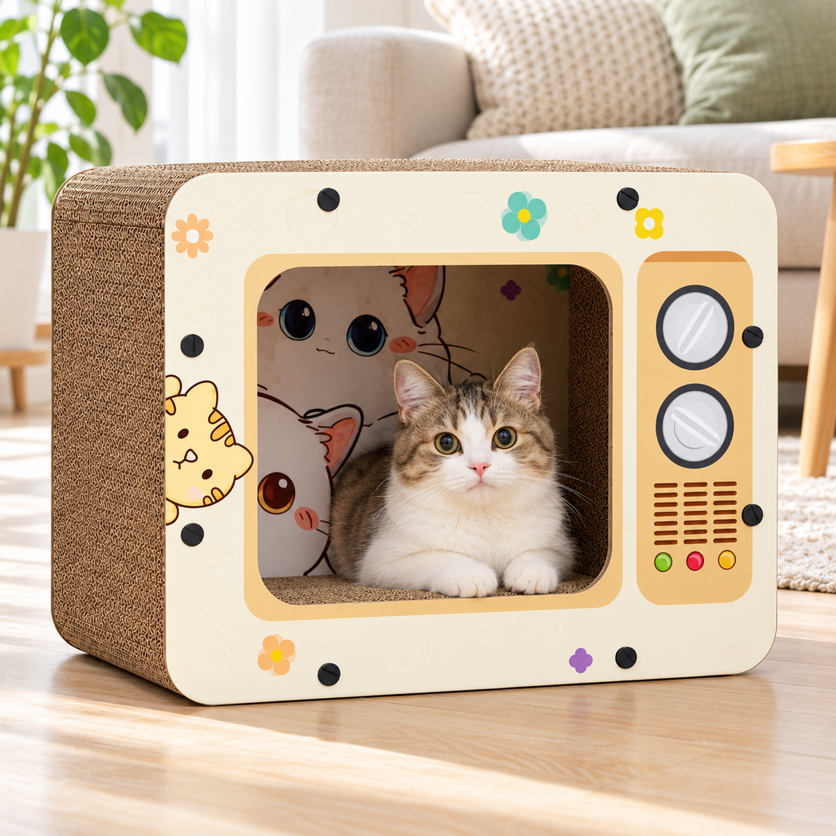 TV-shaped cat scratcher house cat-use lifestyle scene - corrected 1:1