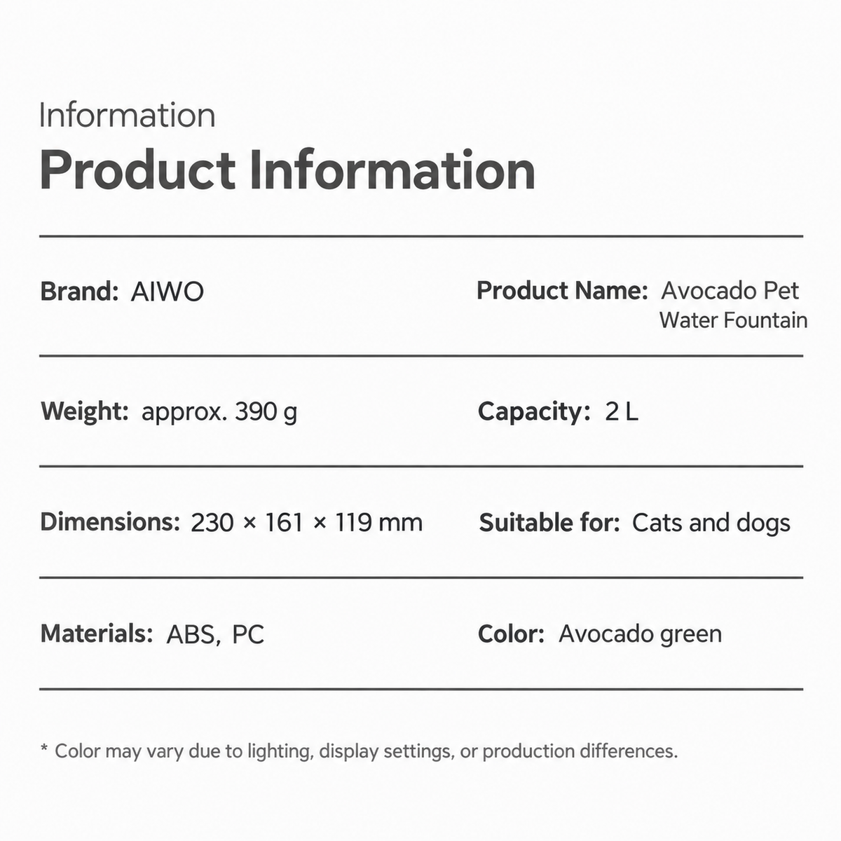 AIWO avocado-green pet water fountain product information and 2 L specifications
