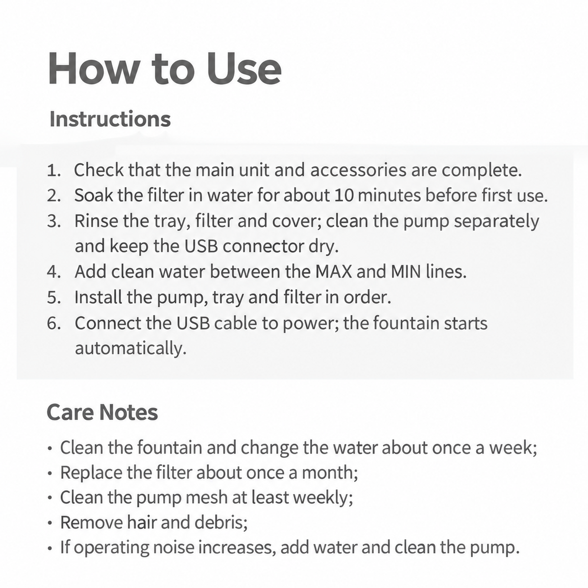AIWO avocado-green pet water fountain setup and cleaning instructions