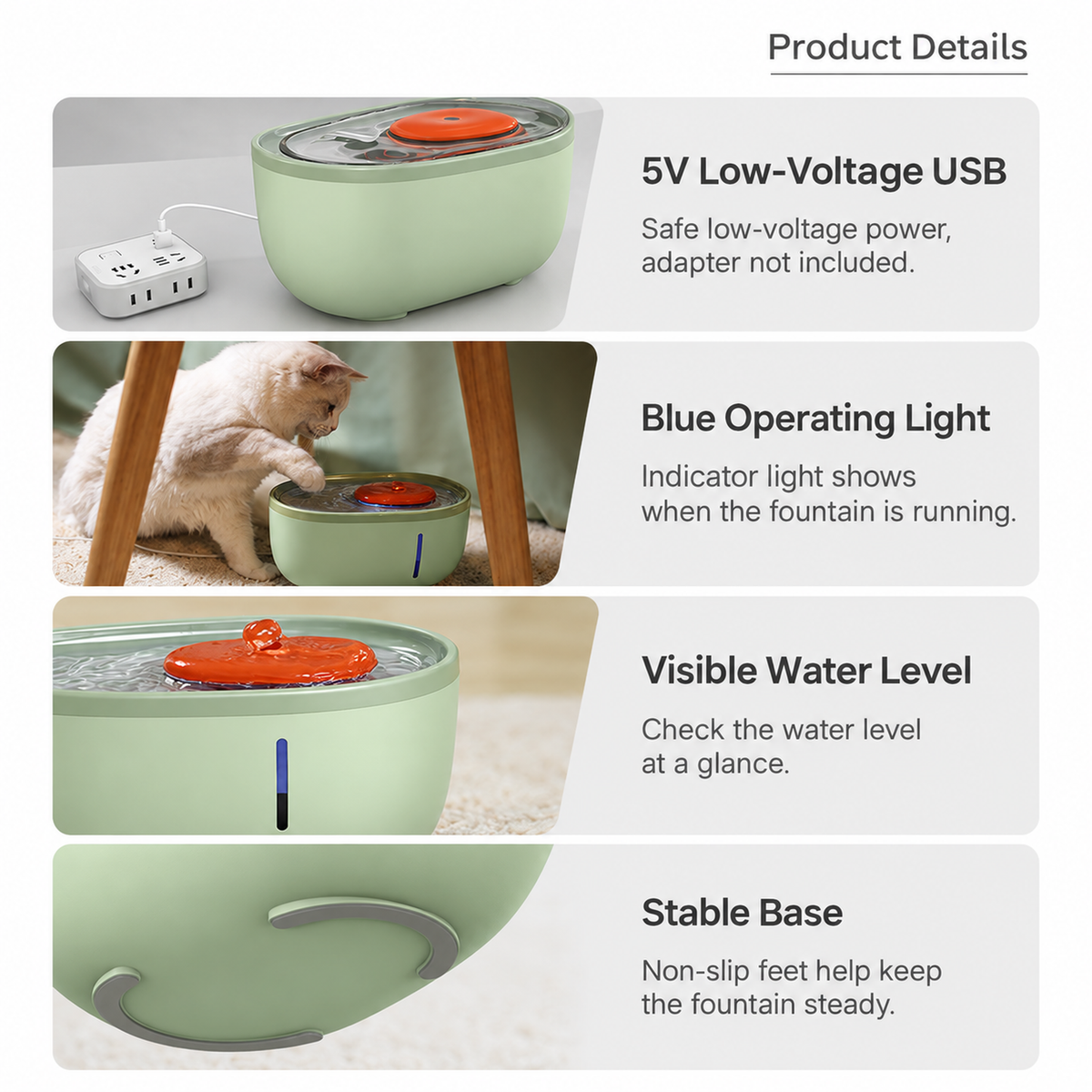 AIWO avocado-green pet water fountain product details and USB power