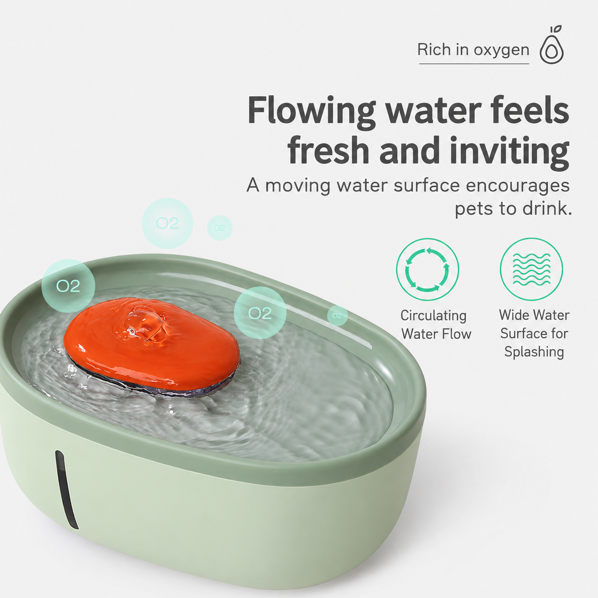 AIWO avocado-green pet water fountain with flowing water