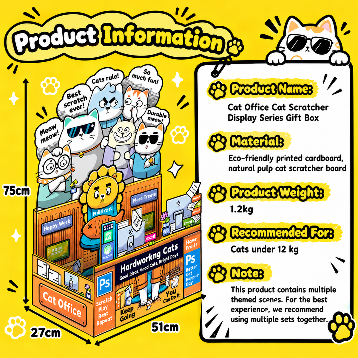 Work Cat scratcher box product information with measurements