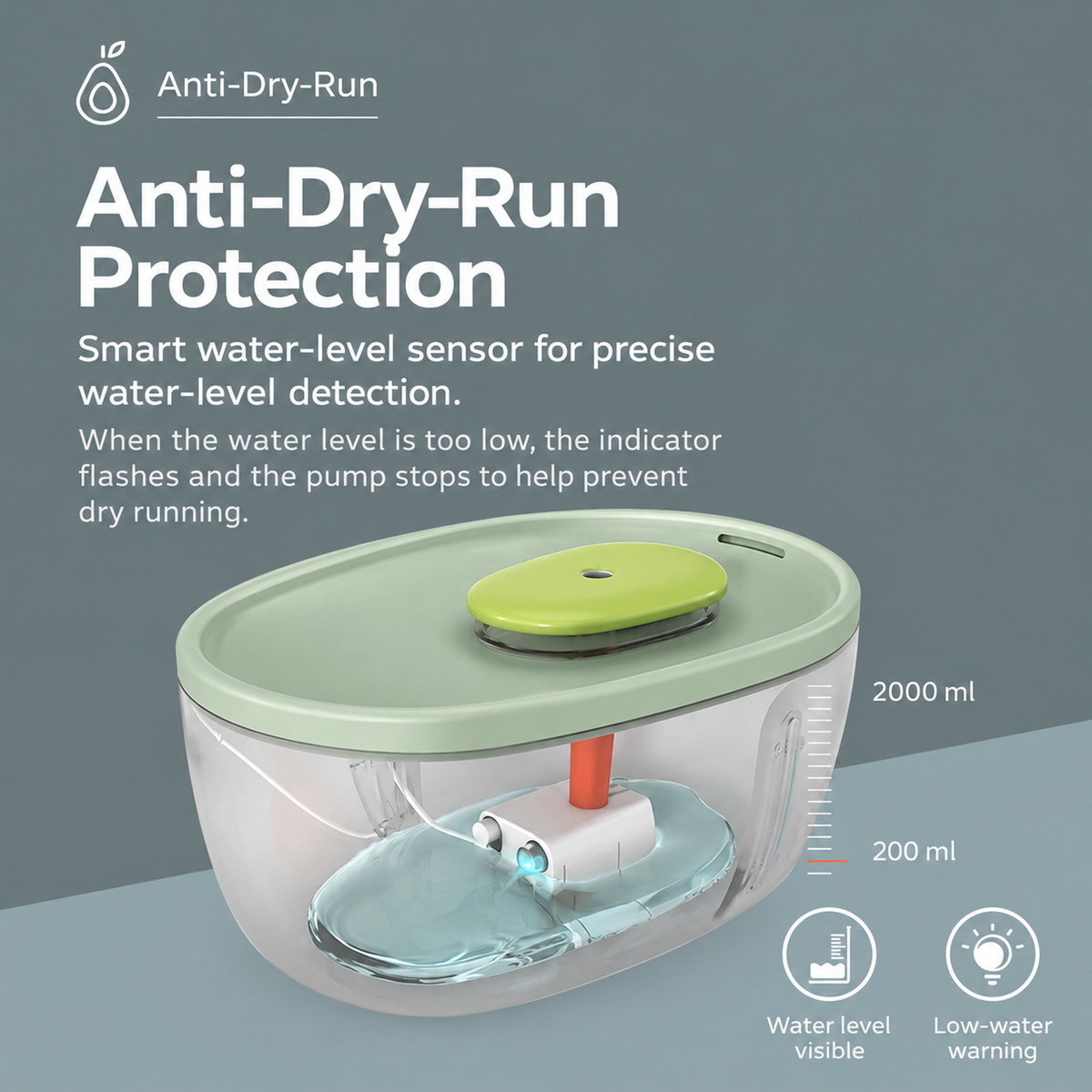 AIWO avocado-green pet water fountain low-water protection