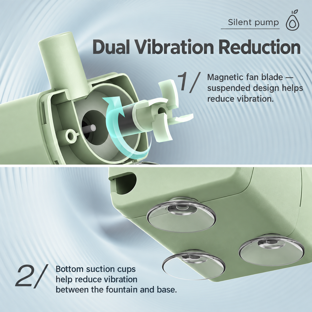 AIWO avocado-green pet water fountain vibration reduction pump