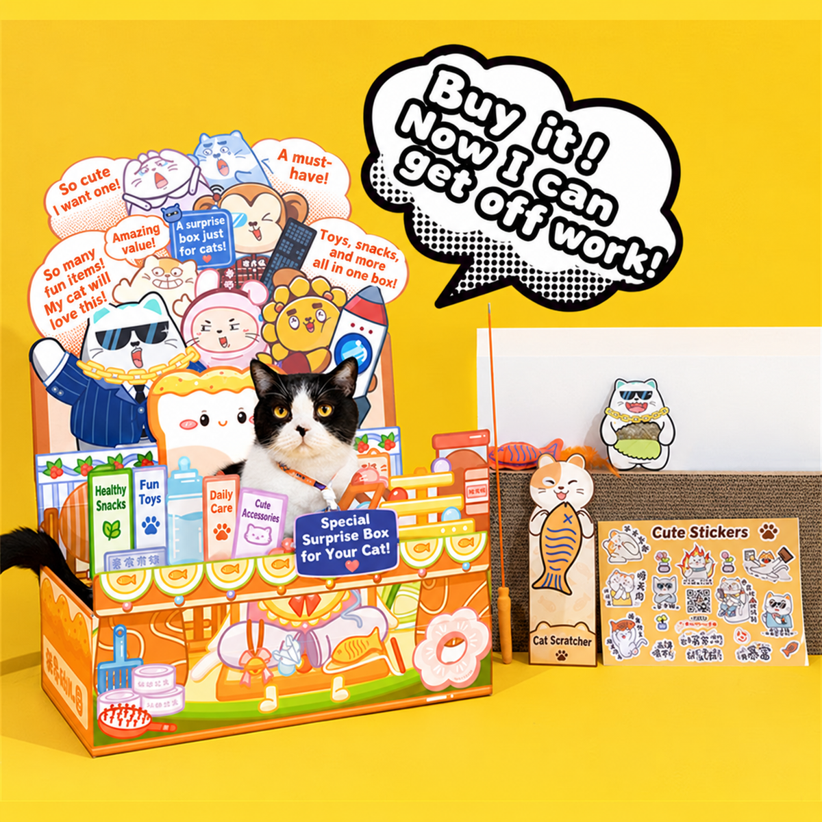 Work Cat scratcher box cat play scene at home