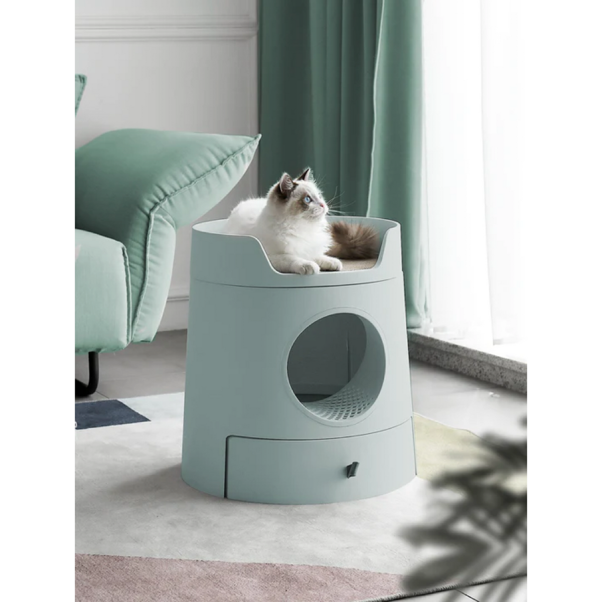 MAYITWILL Cat Castle Semi-Closed Litter Box - Morandi Green source media 1 [Gallery: Morandi Green]