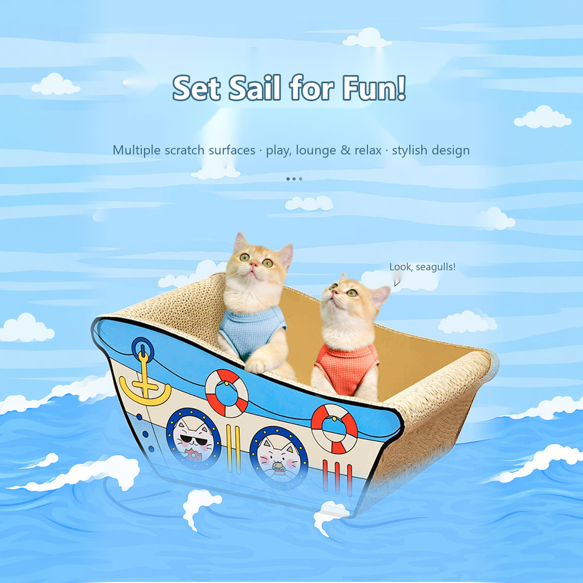 Deku ship cat bed with two cats in the large ship-shaped bed, English details [Gallery: Shared]
