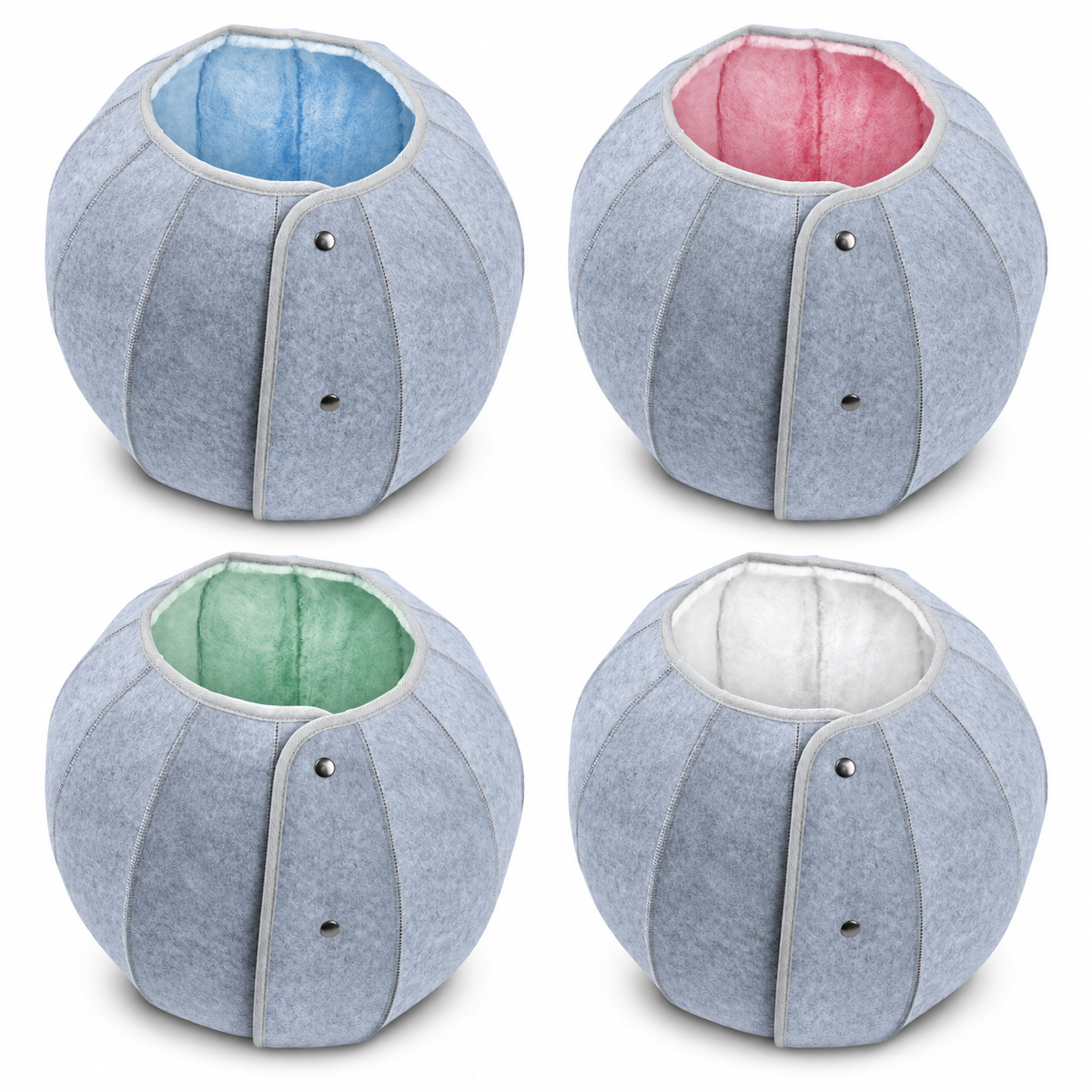 K.1 D.Ball Cat Bed in gray with blue, pink, green, and white linings on a clean white background [Gallery: Shared]