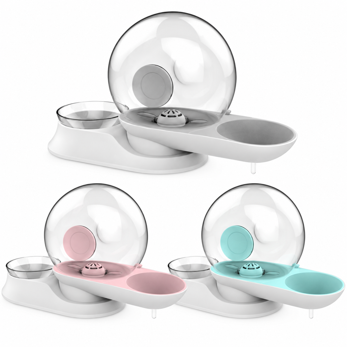 AIWO 2.8L pet water fountain and feeder in neutral, pink and aqua colorways on a clean white background [Multi-color hero]
