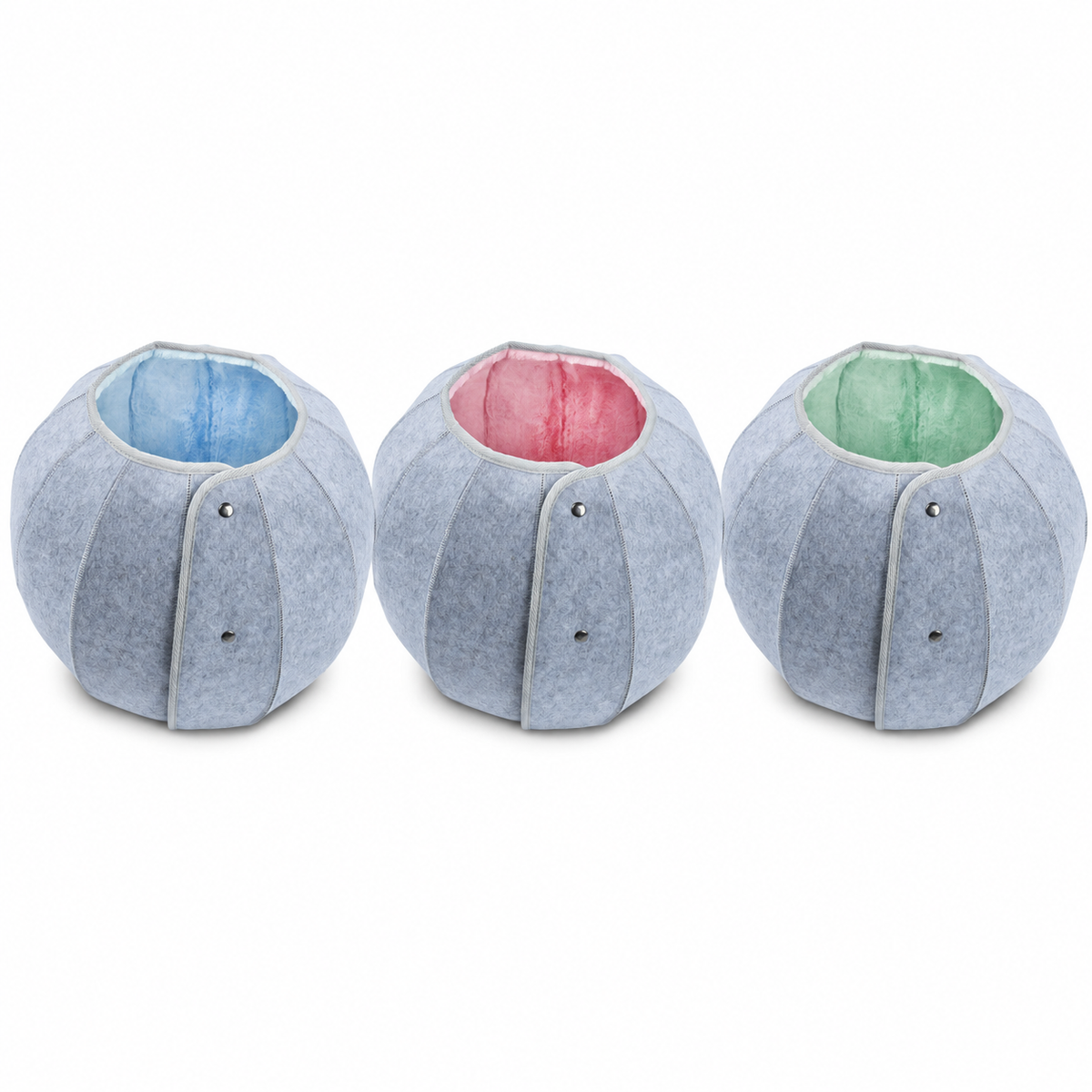 K.1 D.Ball Cat Bed in gray with blue, pink, and green linings on a clean white background [Gallery: Shared]
