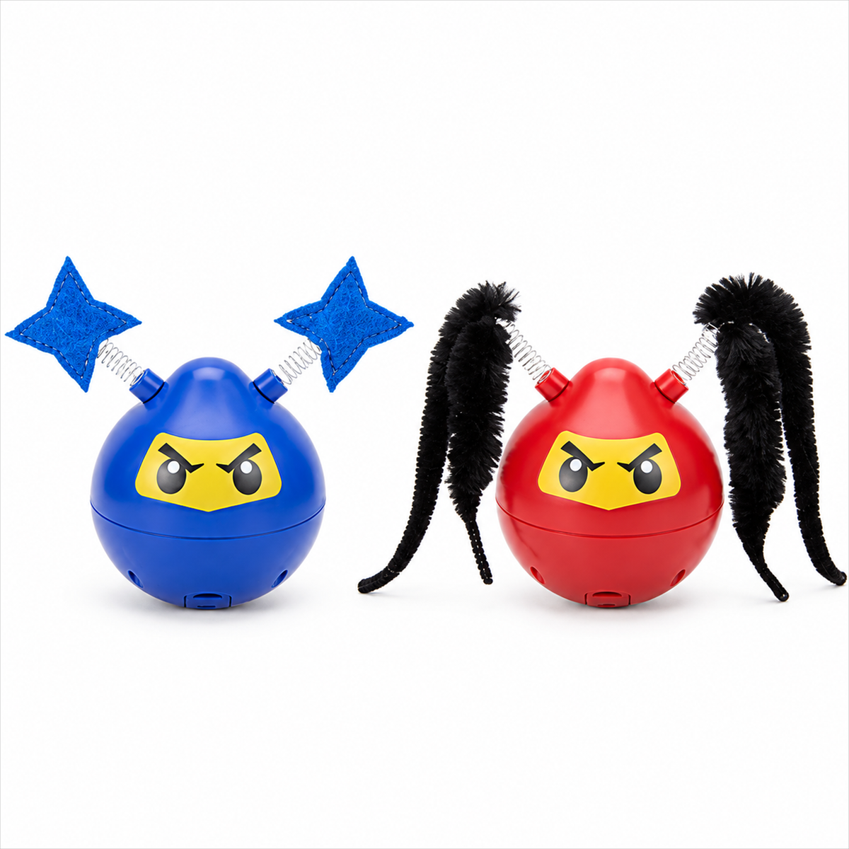 Fofos Mr. Ninja automatic cat toy - Blue and Red variants on white background