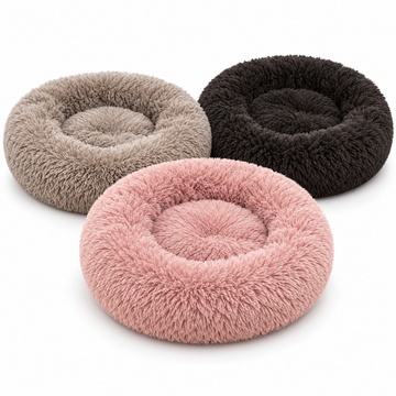 JAMBOREE long-haired pet bed in Dark Grey, Pink and Light Brown multi-SKU white-background hero