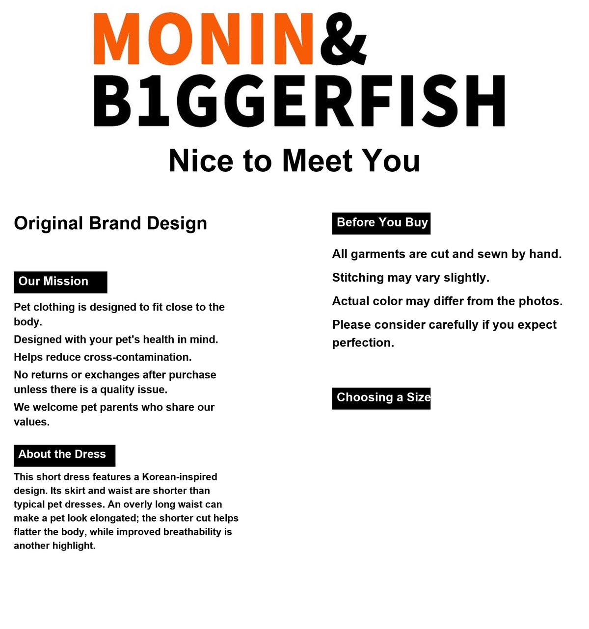 Monin & B1GGERFISH floral pet dress brand overview and purchase notes in English