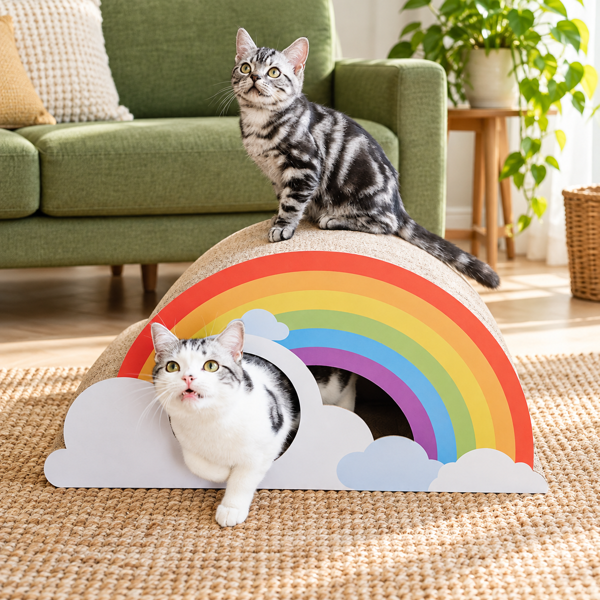 Revised | Rainbow Cat Scratcher Cardboard 2-in-1 Multifunctional Cat Scratcher Lounge Bed Cat Scratching Pad for Indoor Cats as Furniture Protector Cat Training Toy gallery image 01 | square composition