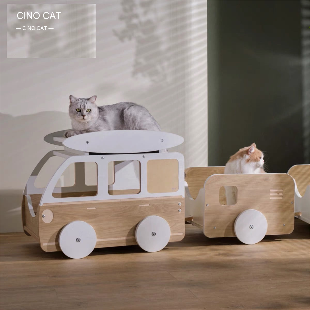 English corrected scene of a wooden cat train bed with cats