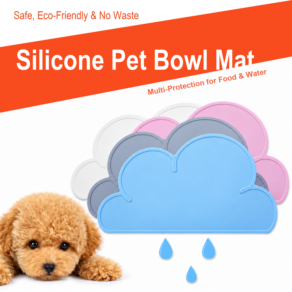 Revised English hero image for a cloud silicone pet bowl mat with a dog