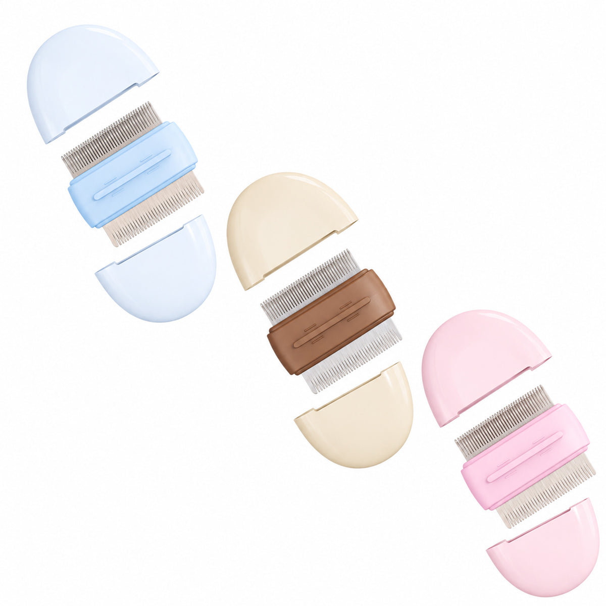 Aiwo pebble double-sided cat grooming comb in Pink, Blue and Brown on a clean white background [Gallery: Shared]
