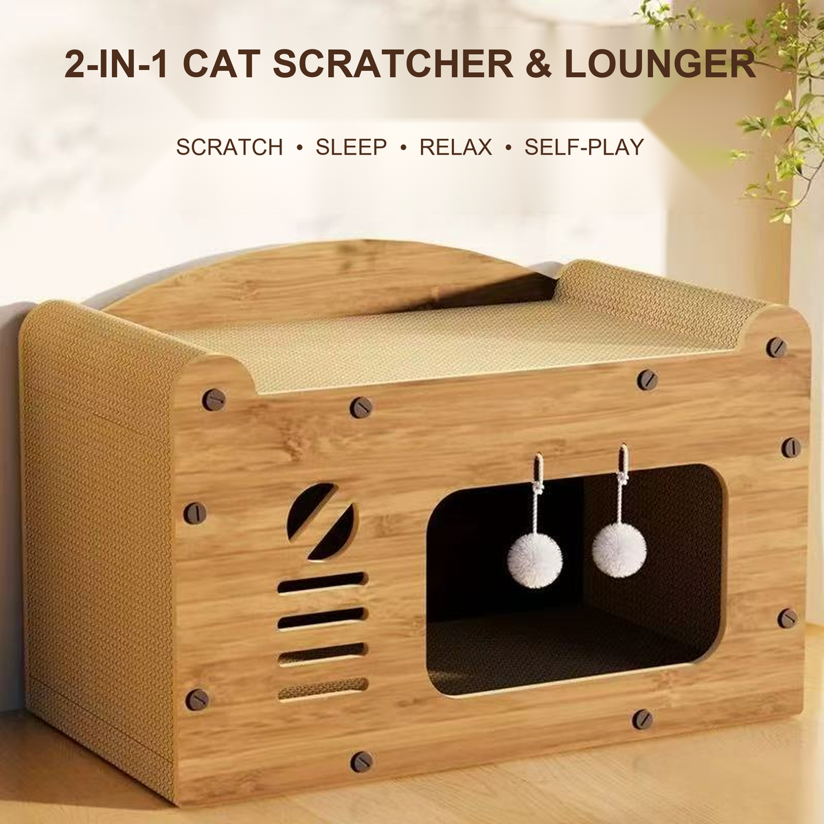 2-in-1 wooden cat scratcher and lounger feature overview [Gallery: Details]