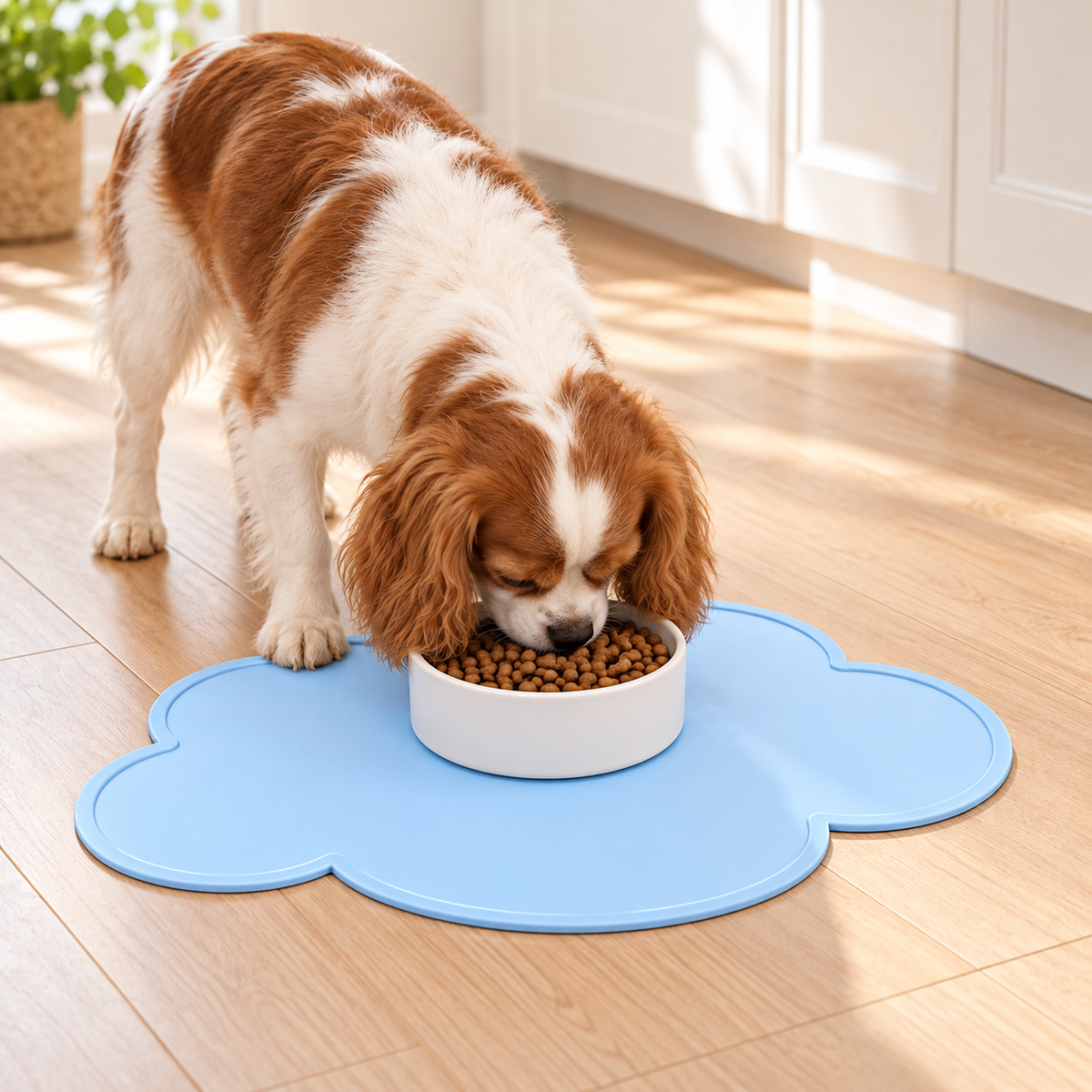 Dog using a blue cloud silicone pet bowl mat in a home feeding scene