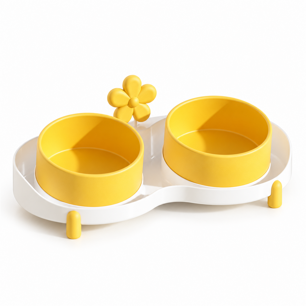 Yellow anti-spill dual pet bowls with raised rims and fixed base