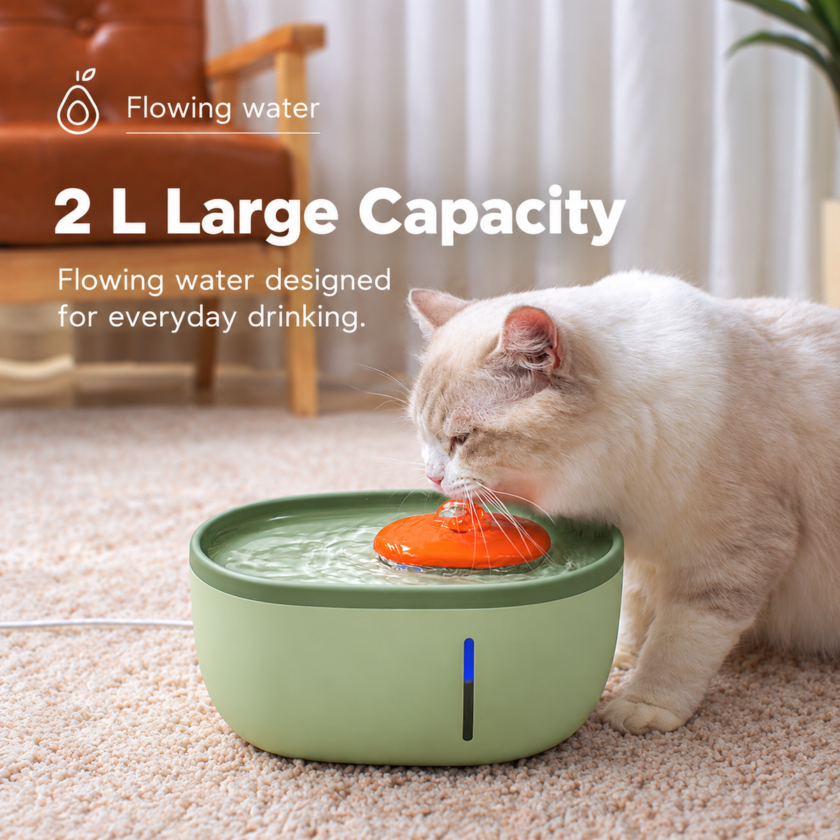 AIWO avocado-green pet water fountain 2 L capacity with cat