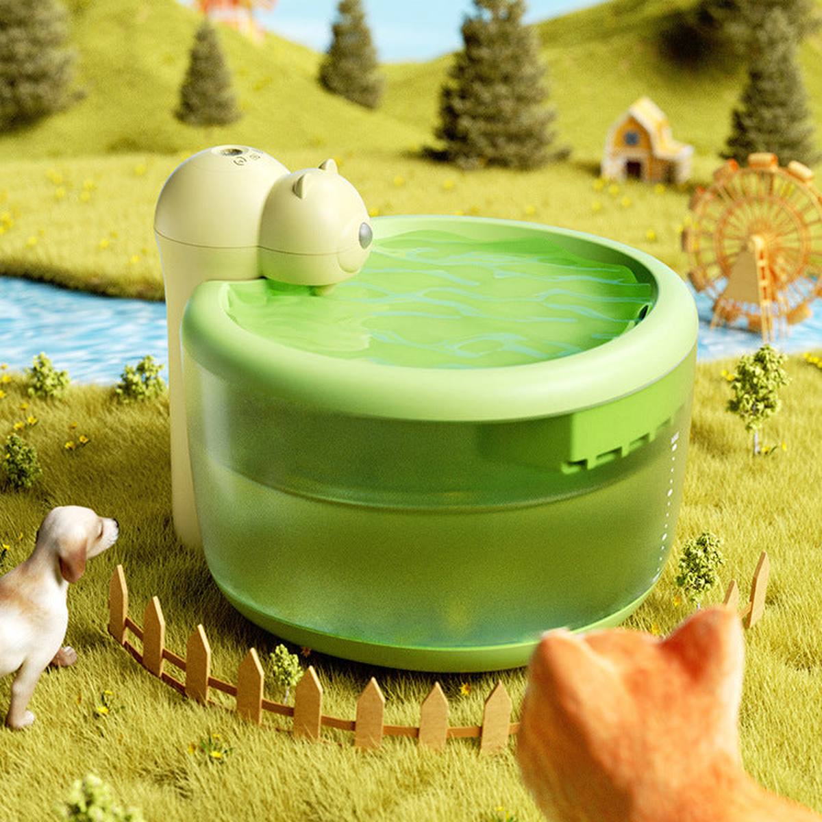 AIWO wireless pet water fountain shown in a cat and dog drinking scene | main lifestyle