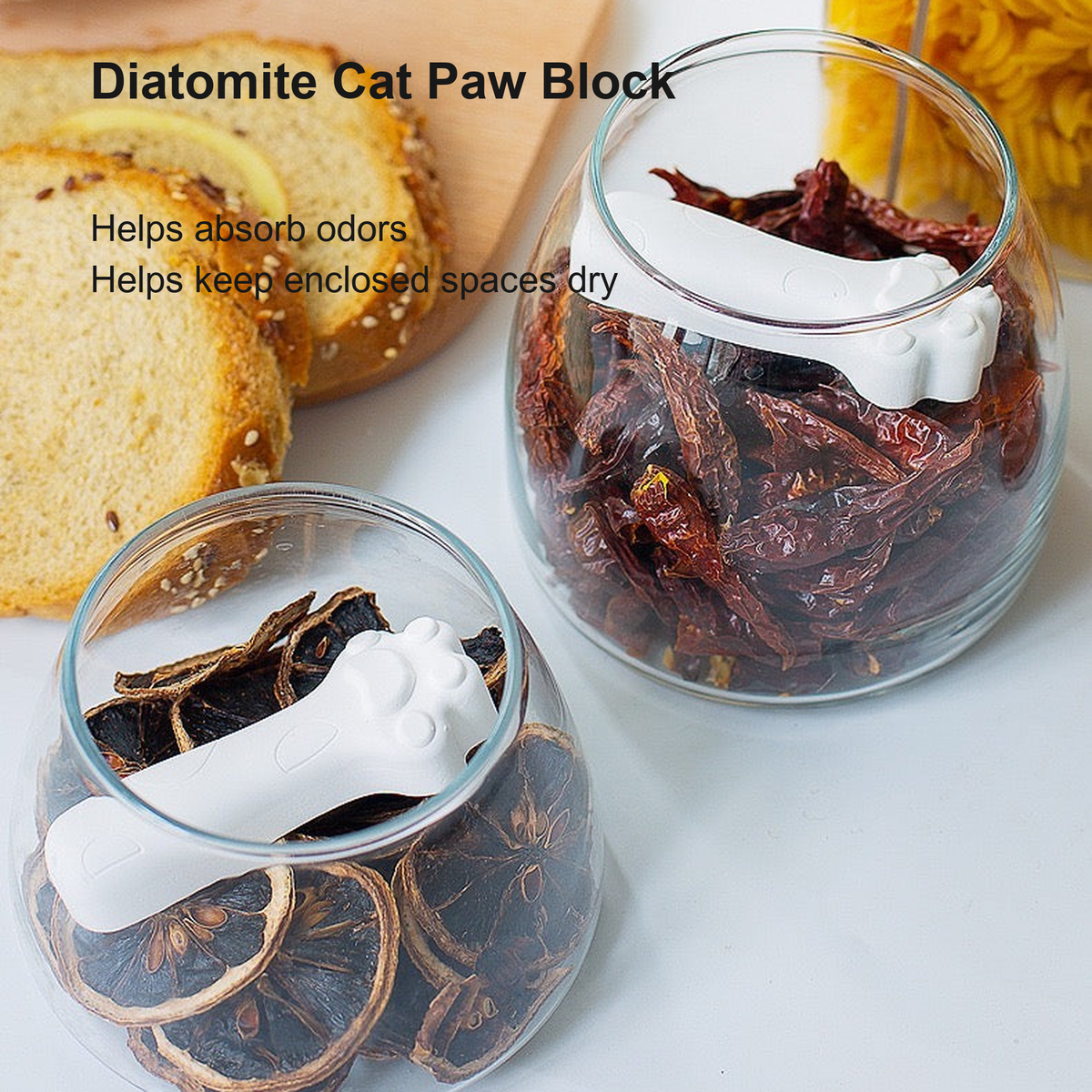Diatomite cat paw drying block used in food jars to help manage moisture and odors [English Revision]