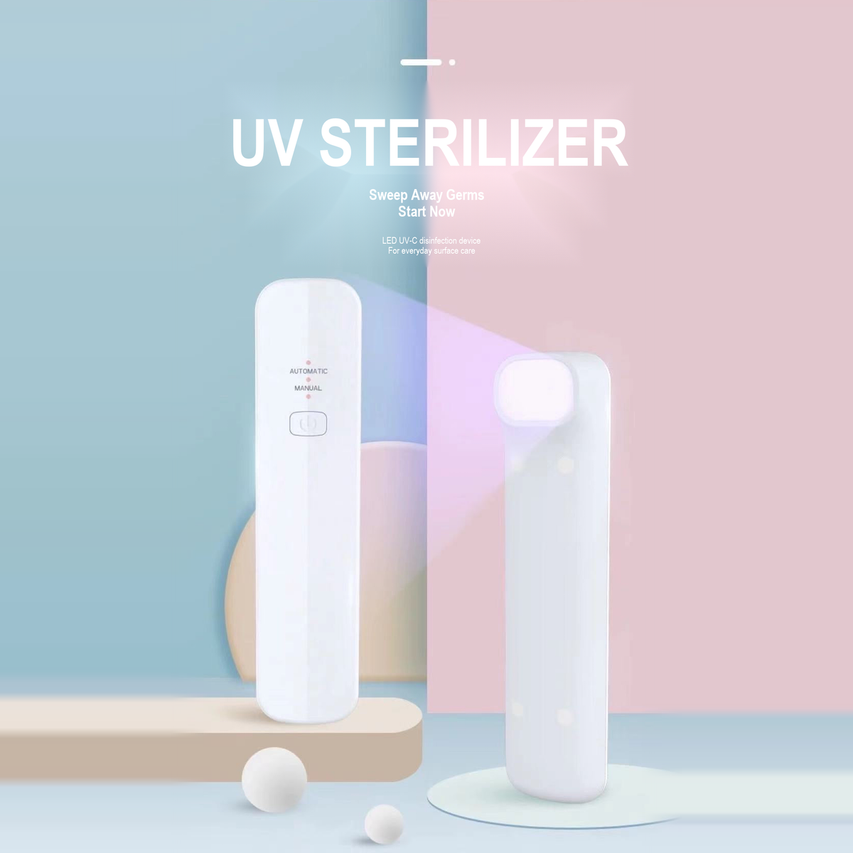 Portable UV-C sterilizer with two white handheld devices on a blue and pink background, English translated square detail image