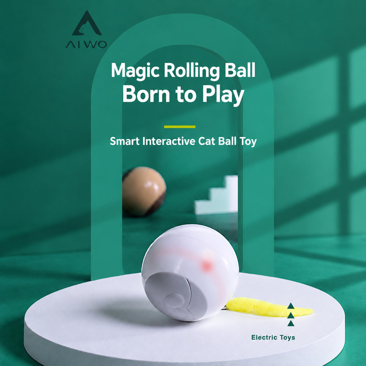 Aiwo interactive rolling cat ball toy on a white platform