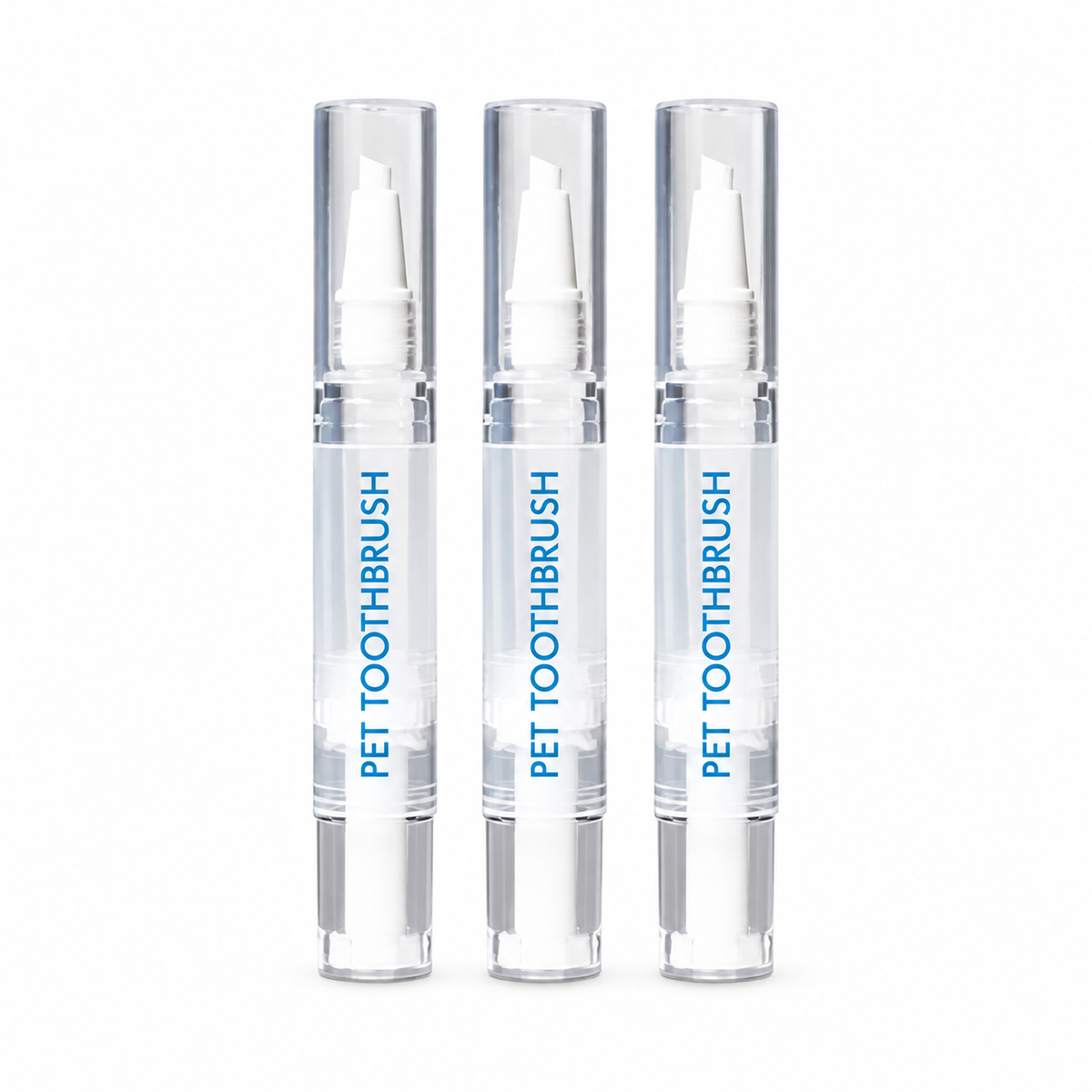 Three pet toothbrush gel applicators on a white background