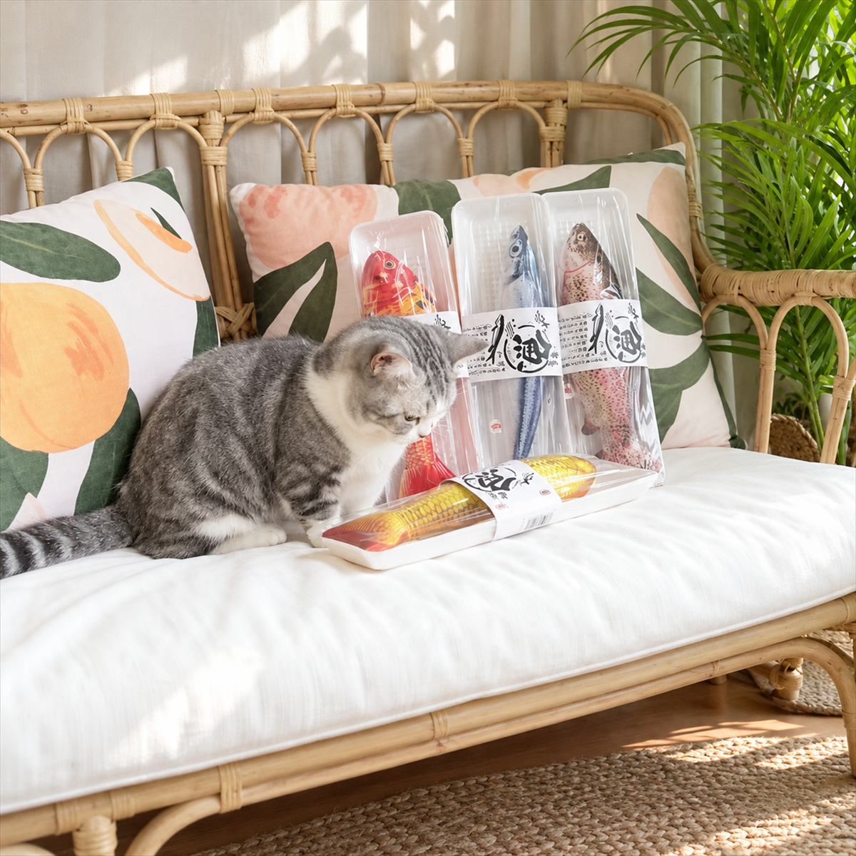 Cat with multiple packaged catnip fish toys on a rattan sofa [Gallery: Lifestyle]