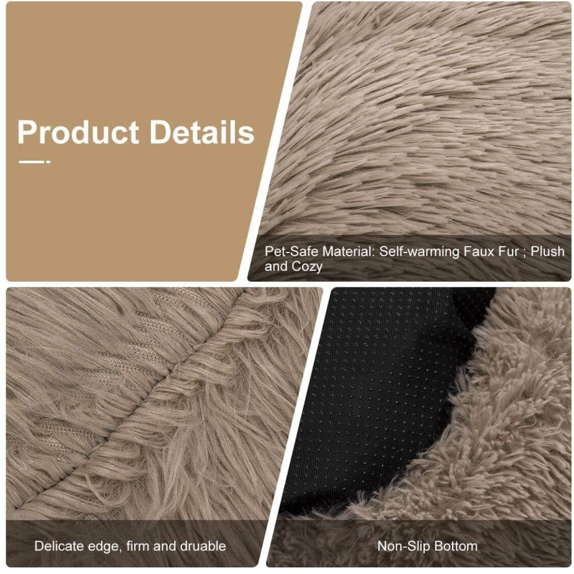 JAMBOREE faux-fur pet bed material and non-slip bottom details
